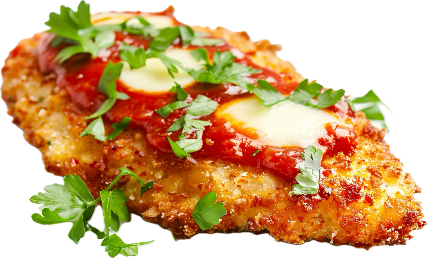Crispy chicken parmesan with tomato sauce and cheese. png