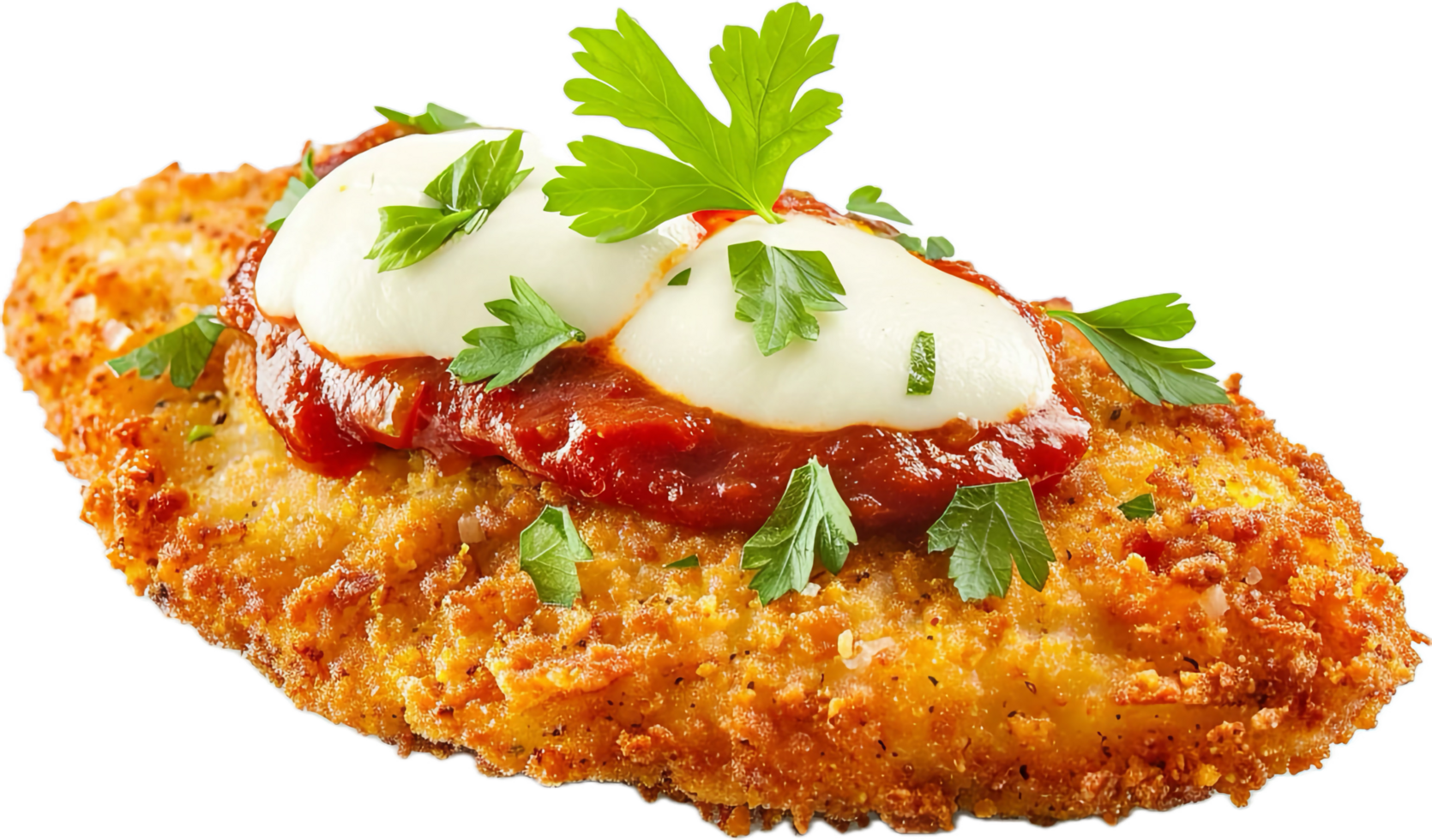 Golden breaded chicken parmesan with marinara and herbs. png