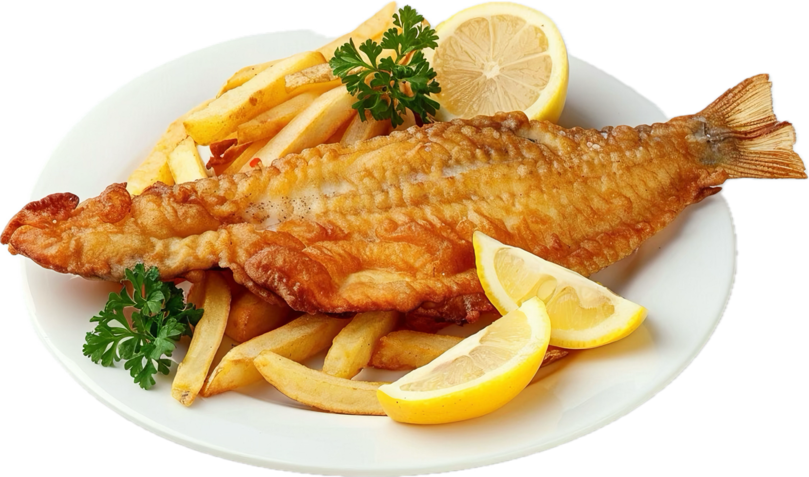 Crispy Whole Fish and Fries on Plate. png