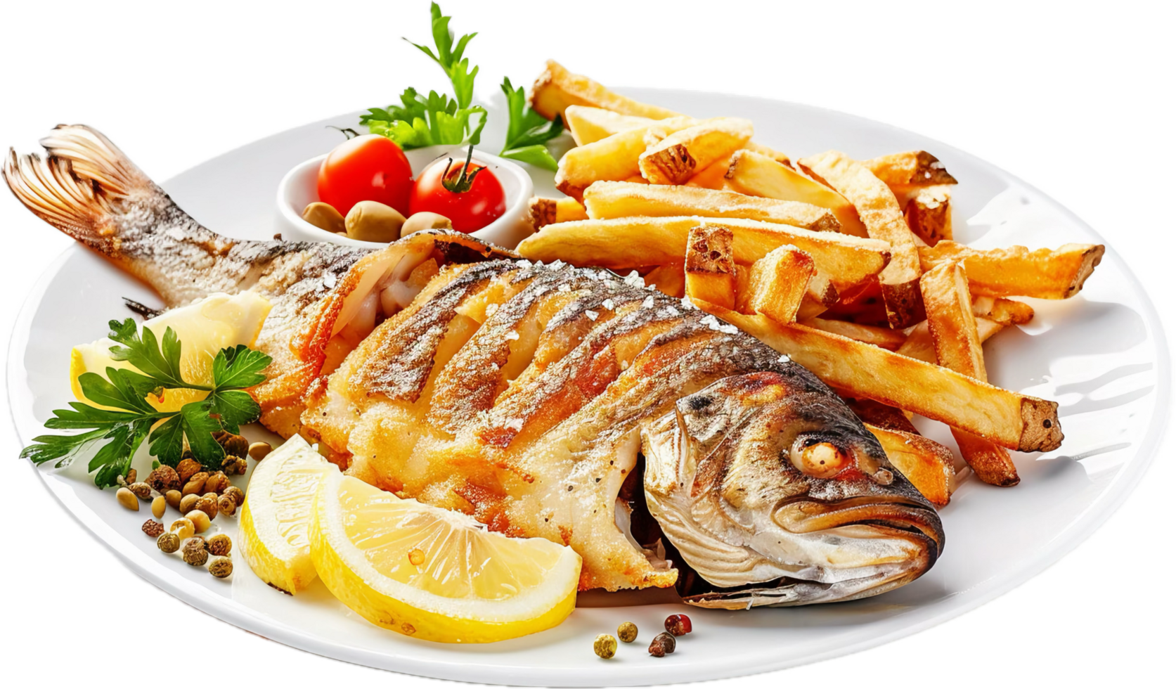 Grilled Whole Fish with French Fries. png
