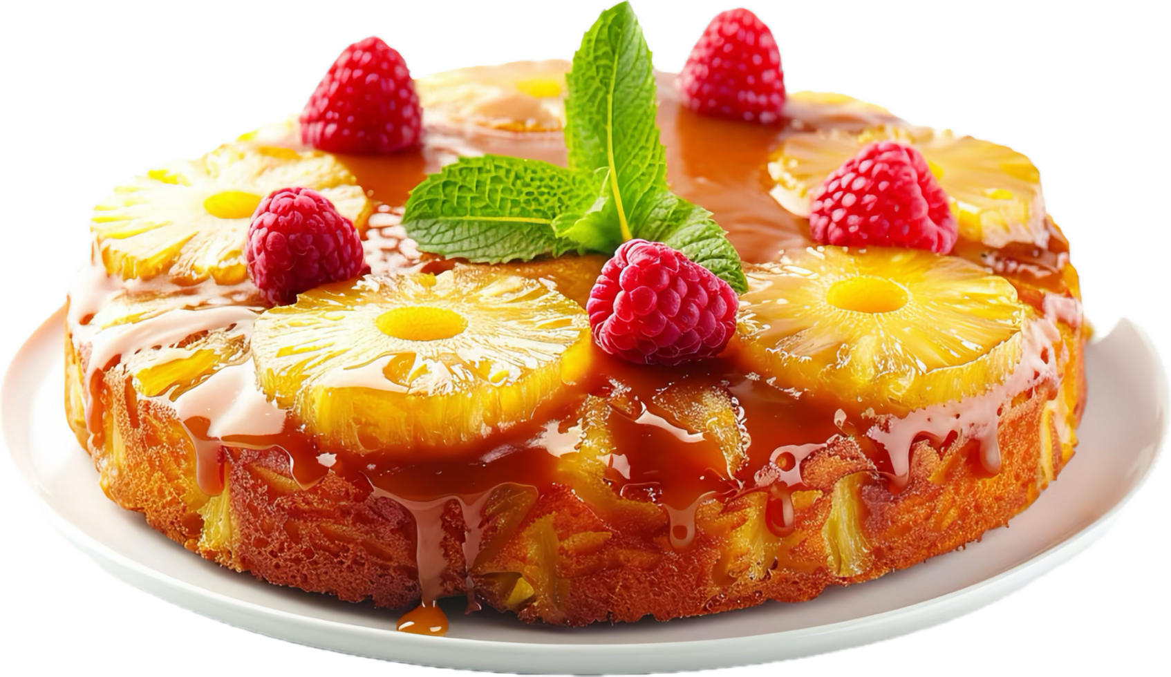 Caramel Glazed Pineapple Cake with Raspberries. png
