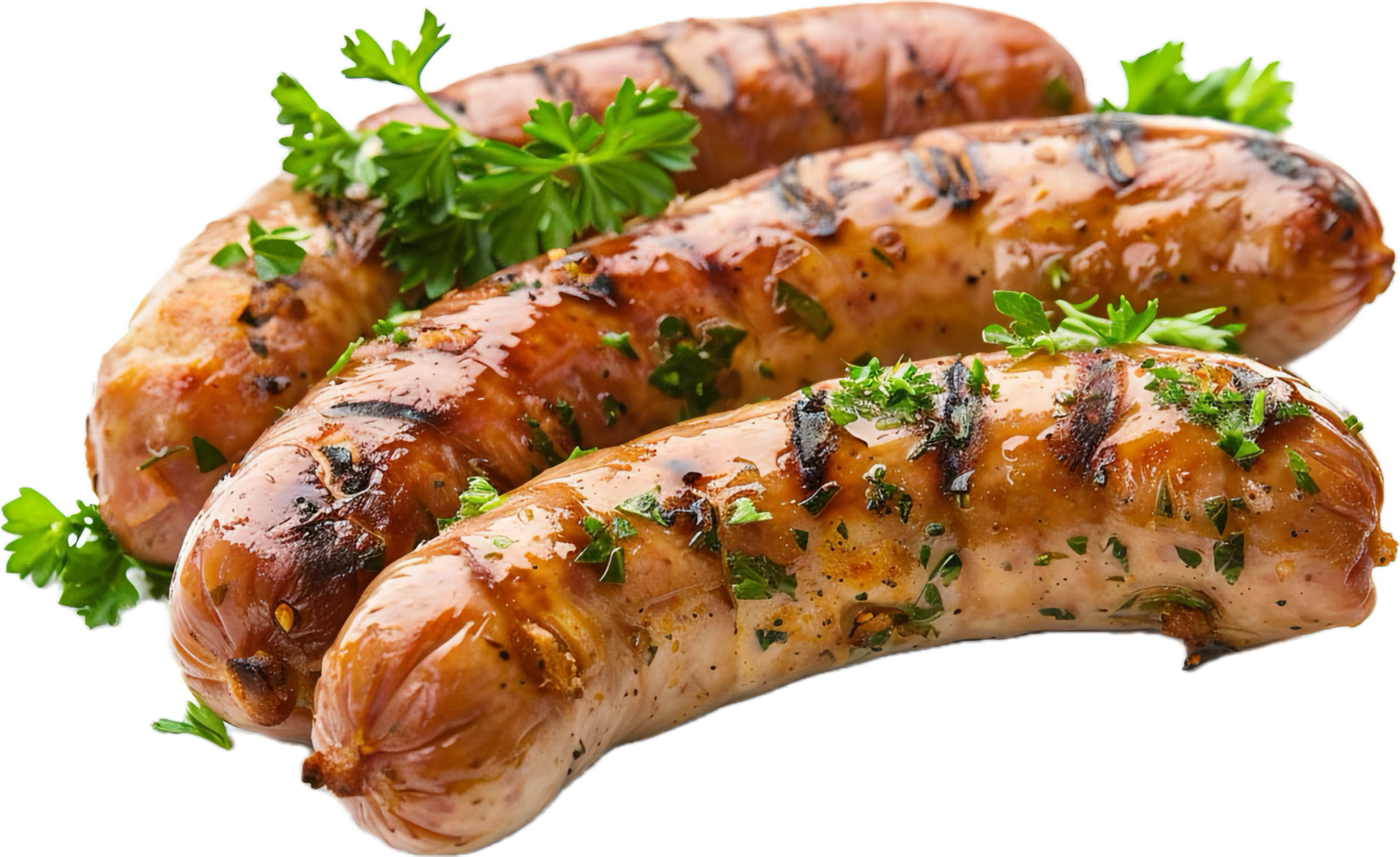 Juicy grilled sausages with char marks. png
