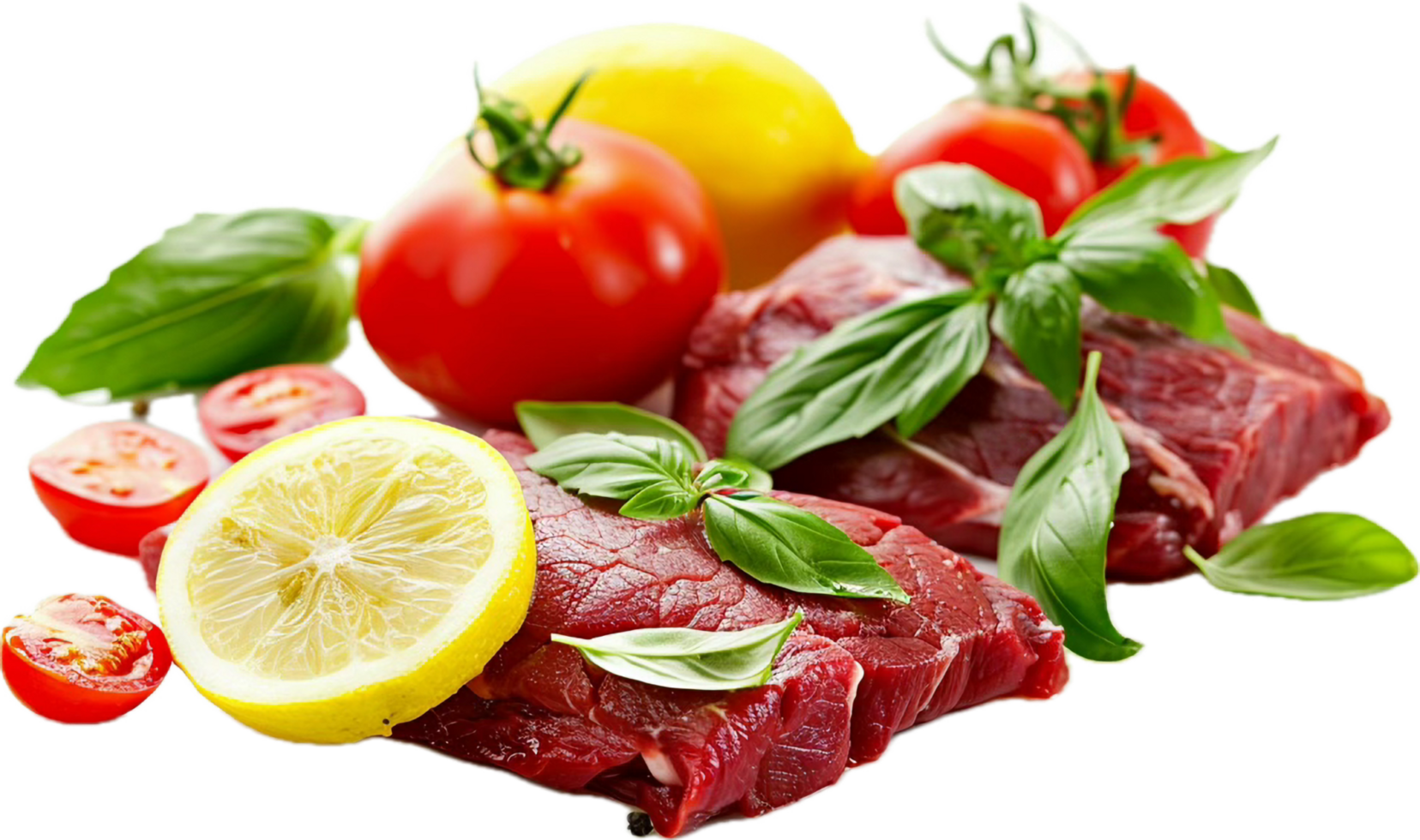 Beef steak with fresh basil, lemon, and ripe tomatoes. png