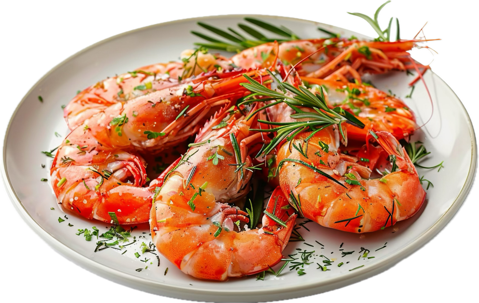 Plate of grilled shrimp with herbs. png