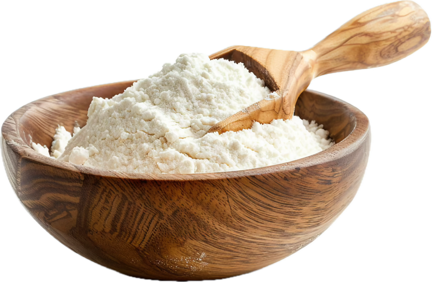 Raw flour in wooden bowl with spoon. png
