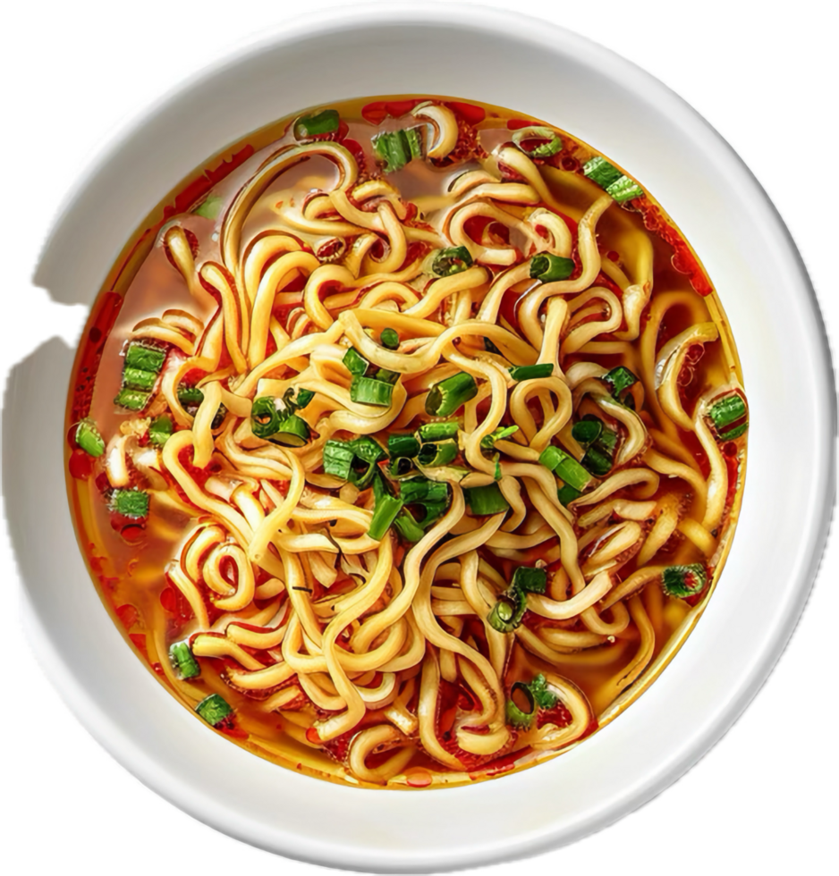 Flavorful pork noodle soup in black bowl. png