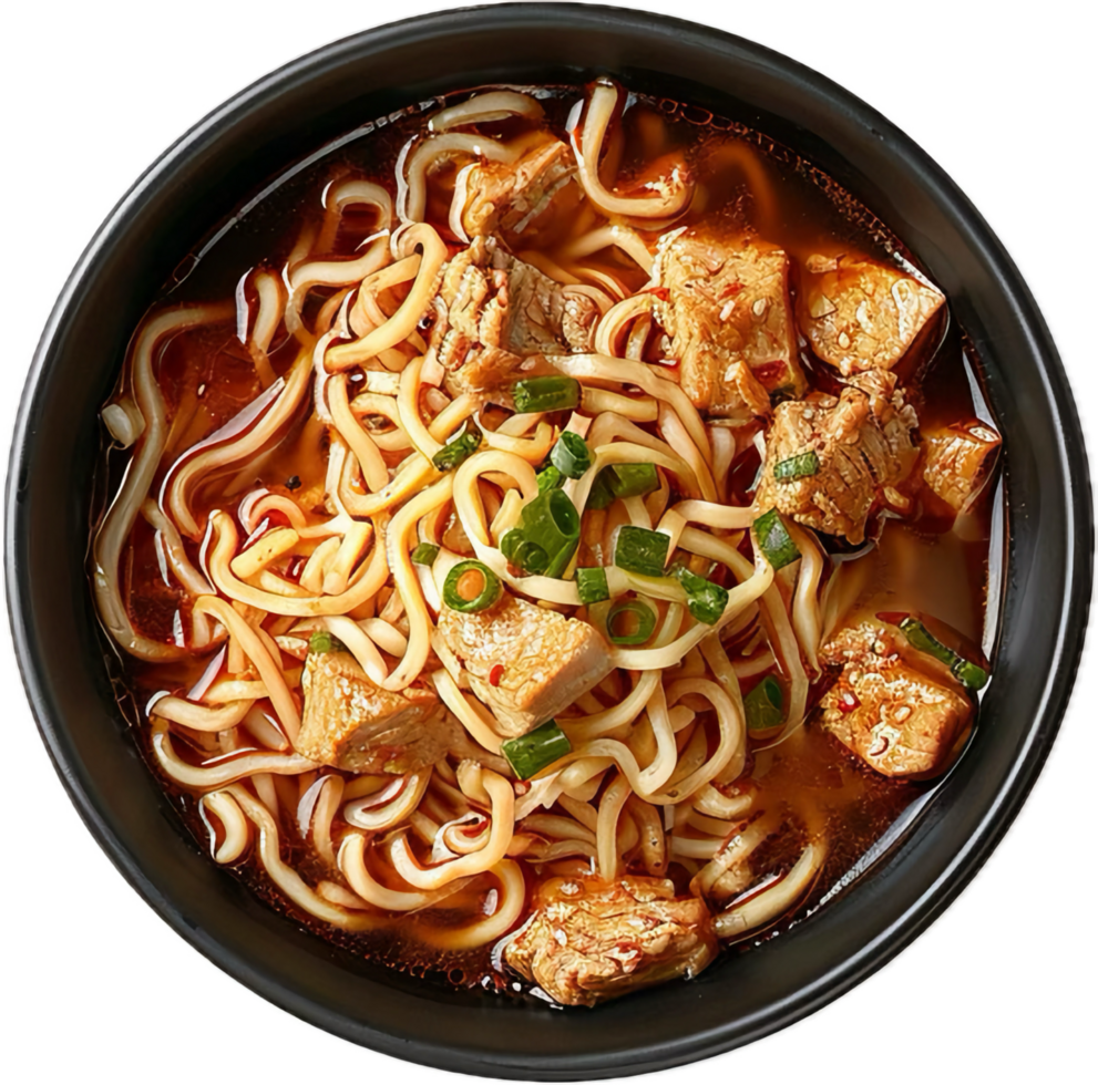 Spicy noodle soup with pork and green onions. png