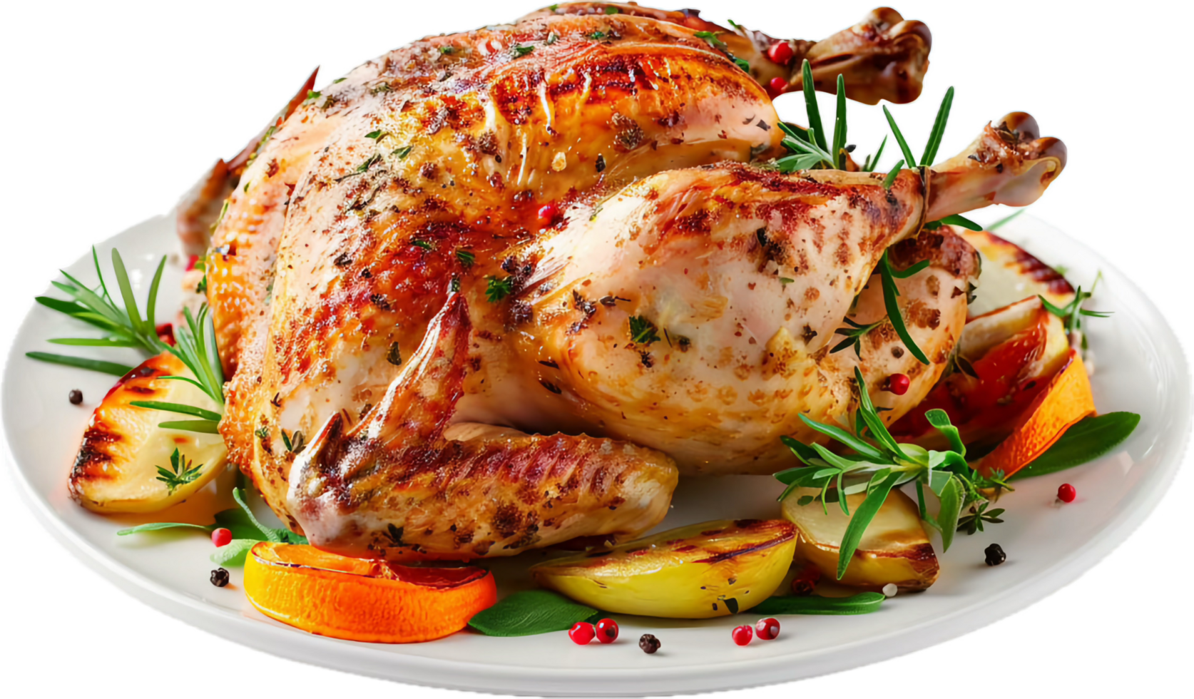 Roasted whole chicken with herbs and vegetables. png
