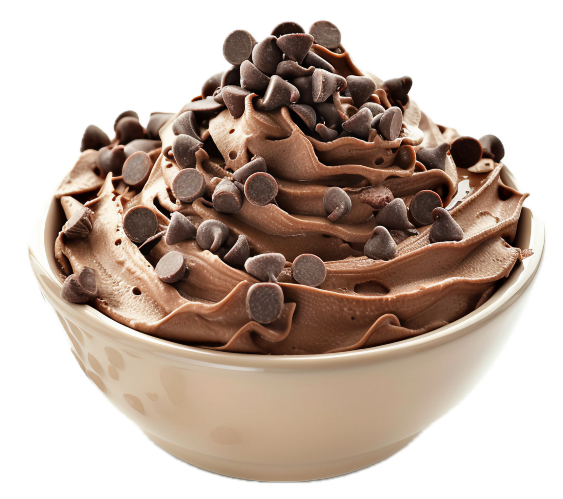 Bowl of chocolate mousse with chip topping. png