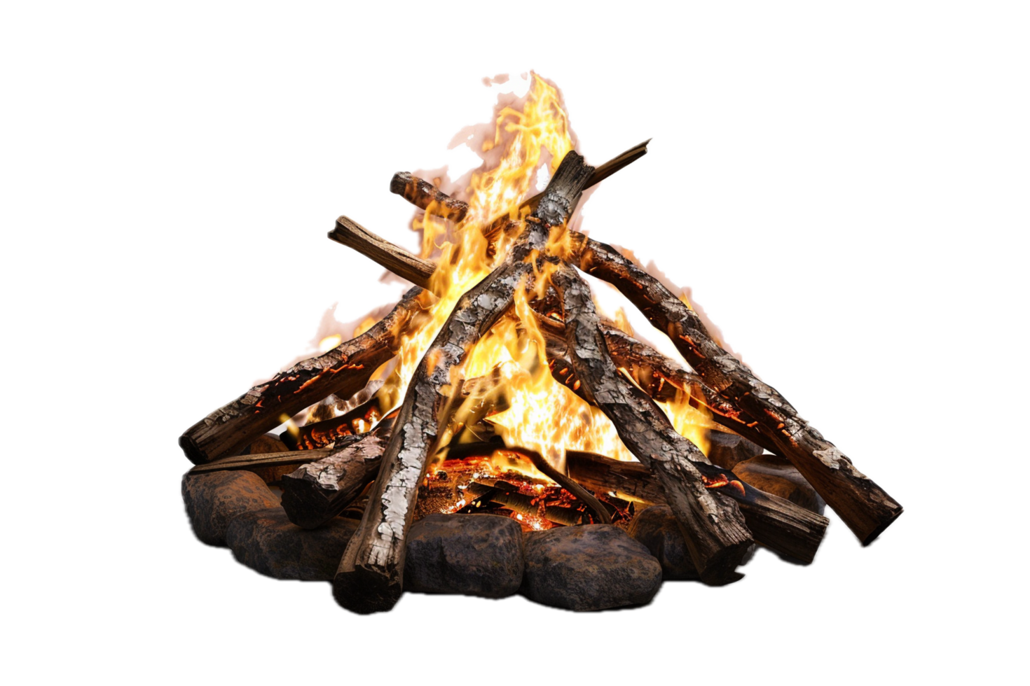 Bonfire with stacked logs and glowing fire. png