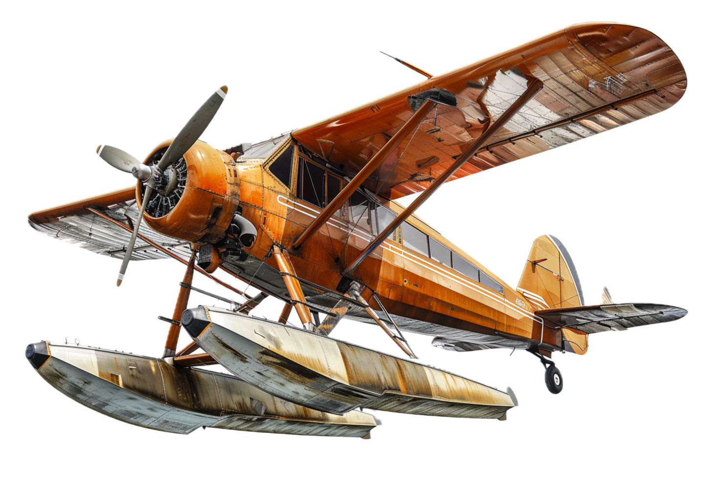 Propeller-driven red seaplane flying with floats. png