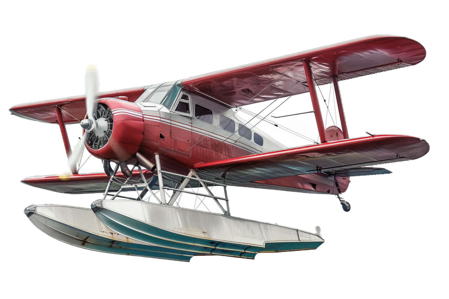 Red biplane seaplane with floats in flight. png