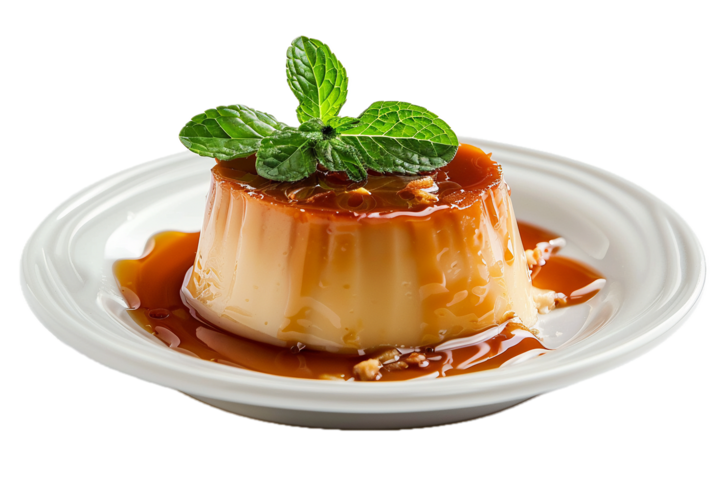 Delicious flan with caramel drizzle and mint. png