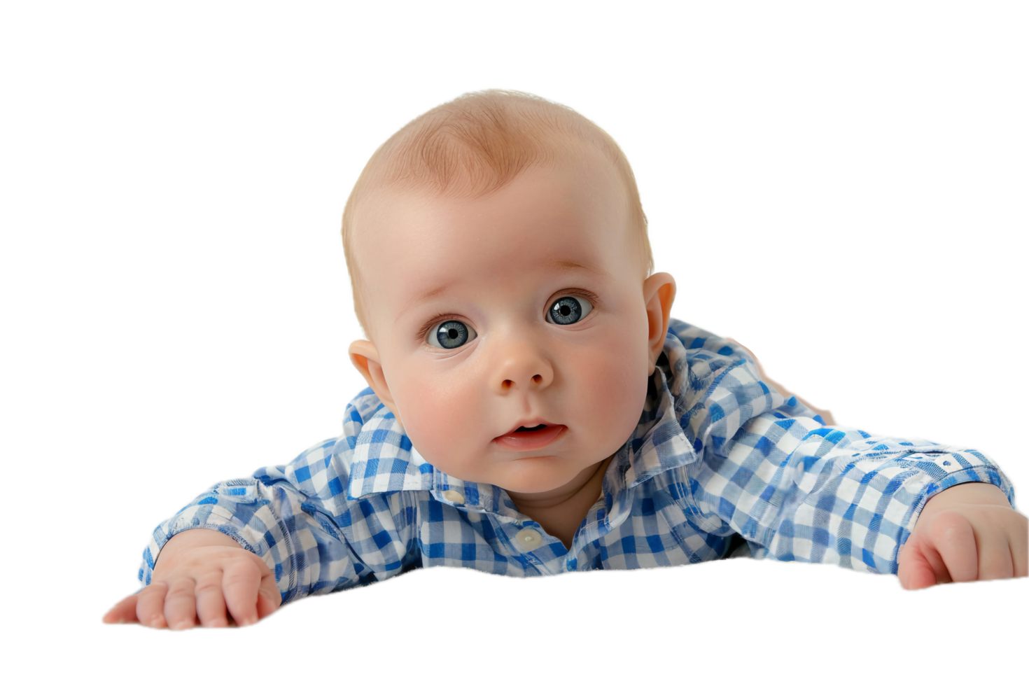 Curious infant in blue checkered shirt looking ahead. png