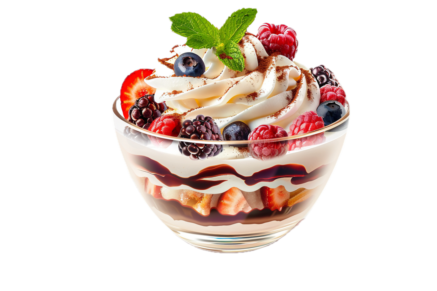 Berry parfait with whipped cream and chocolate drizzle. png