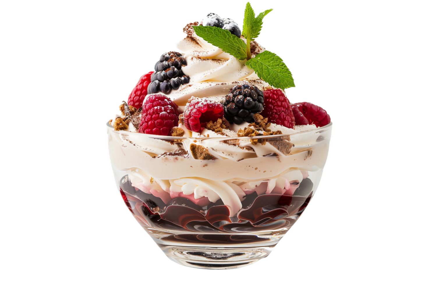 Layered berry dessert with cream and chocolate sauce. png