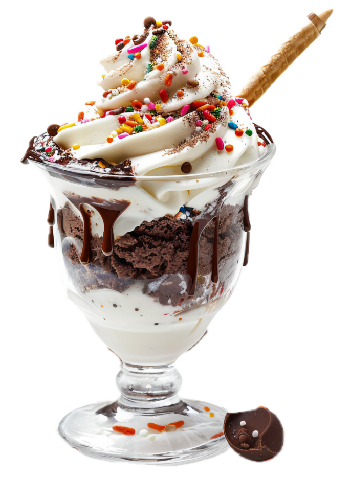 Delicious ice cream sundae topped with chocolate chunks and syrup. png