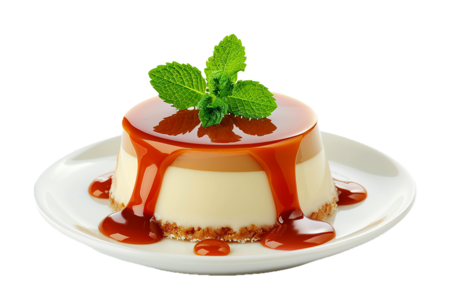 Caramel flan dessert with mint garnish. png