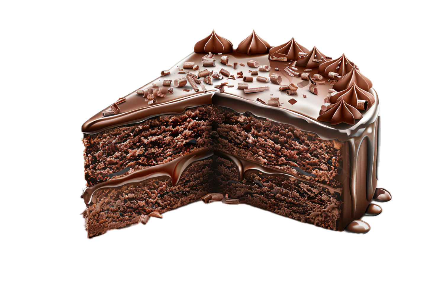 Moist chocolate cake with chocolate decorations. png