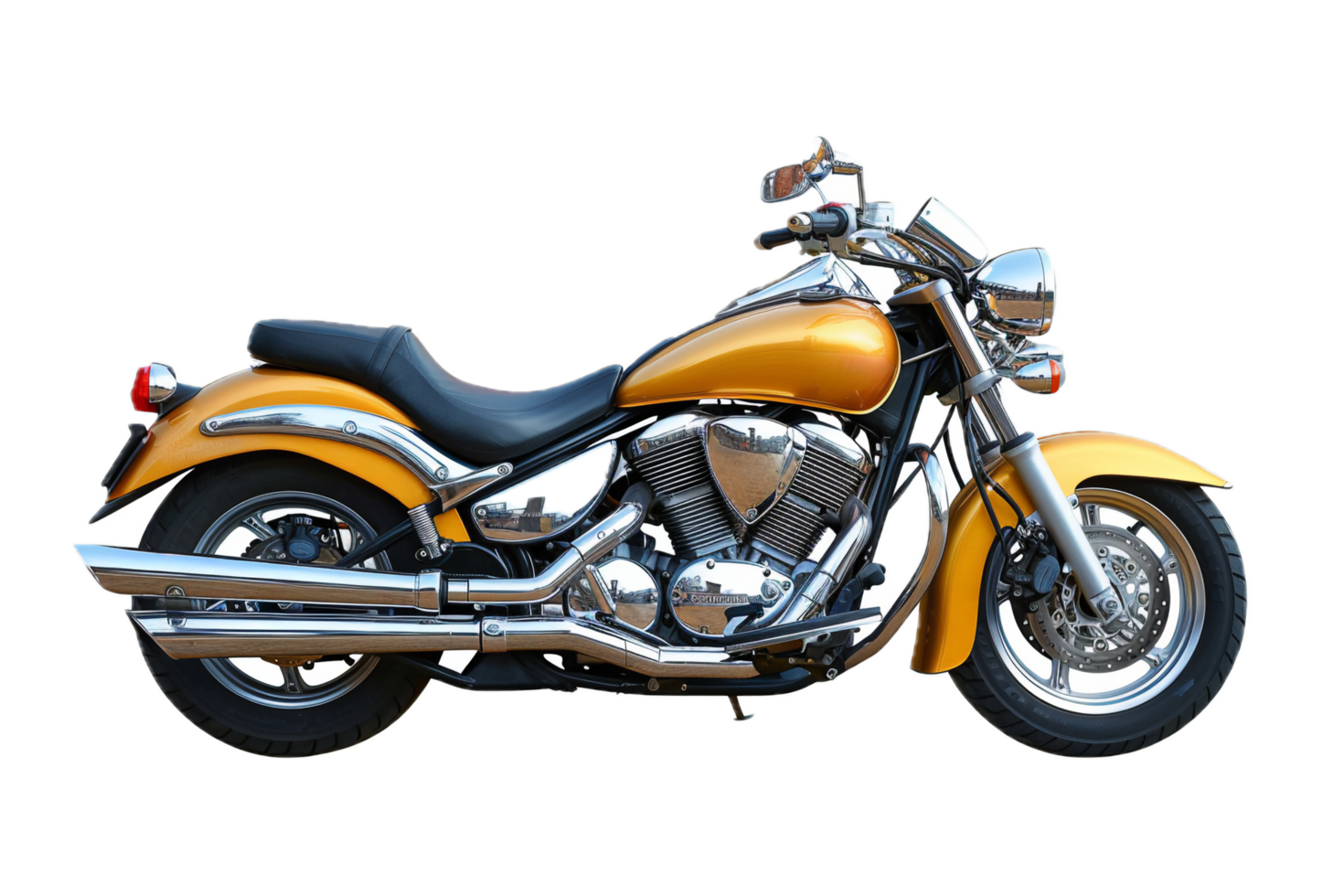 Yellow cruiser motorcycle with chrome details. png