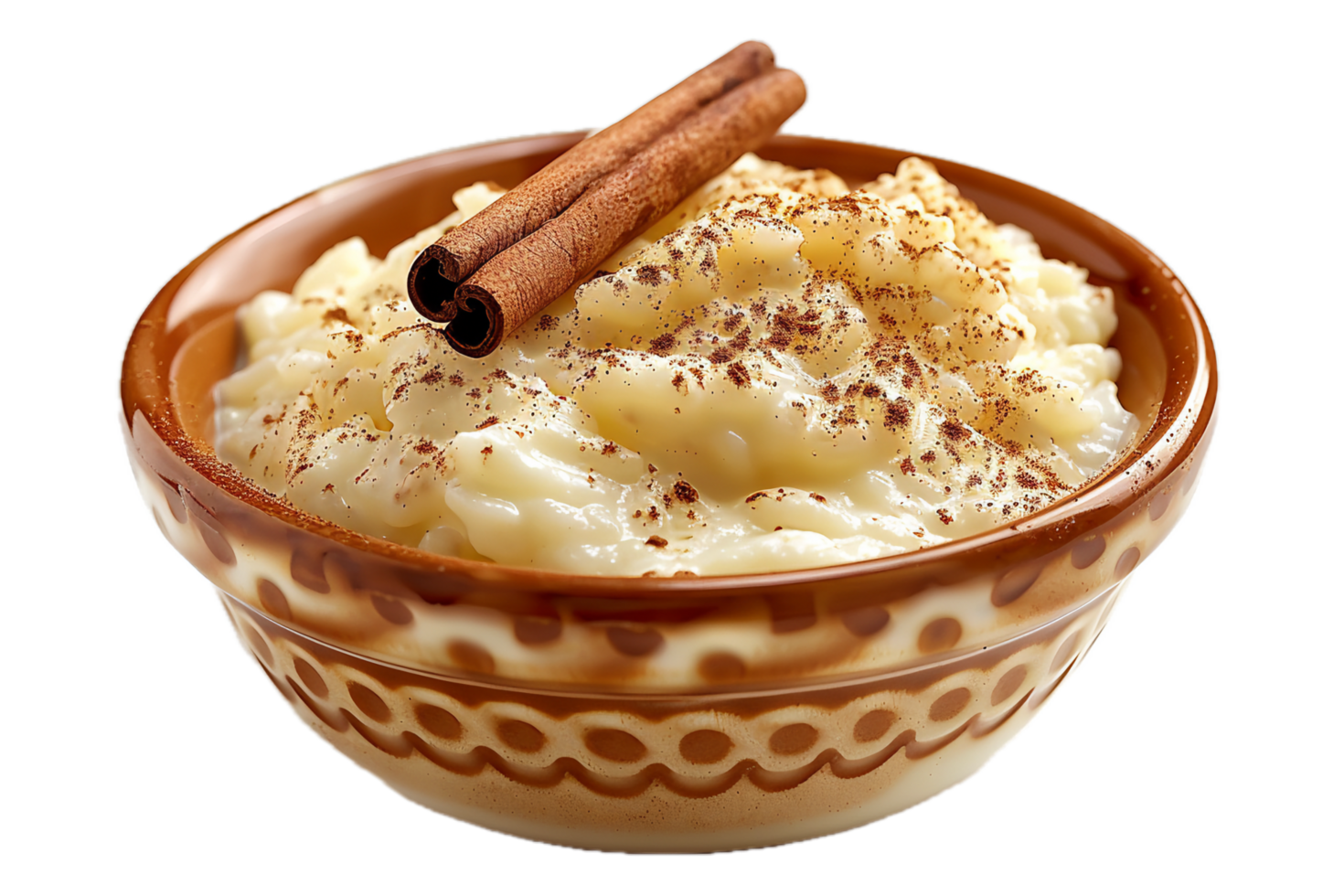 Cinnamon spiced rice pudding in wooden bowl. png