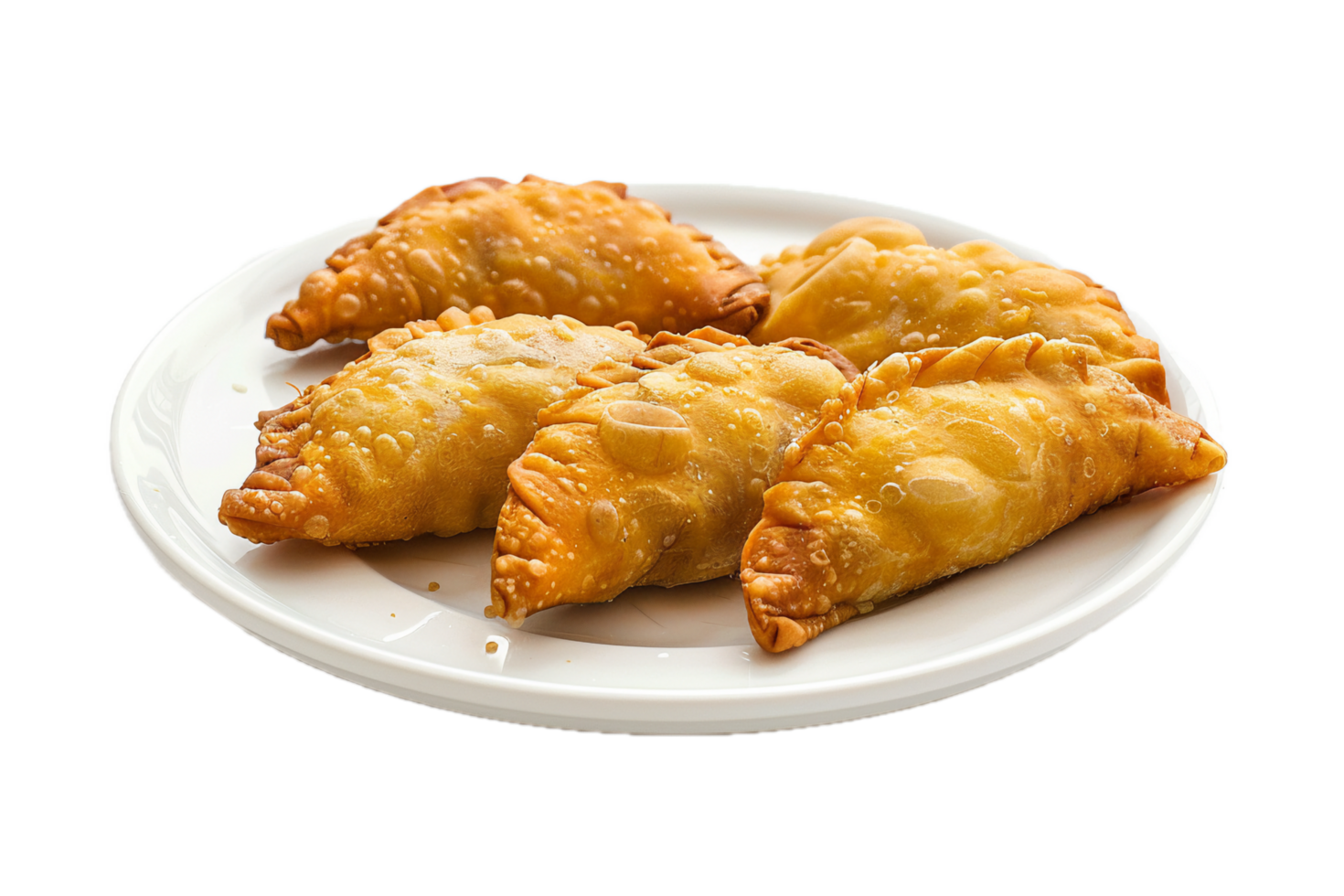 Fried dumplings served on a white dish. png