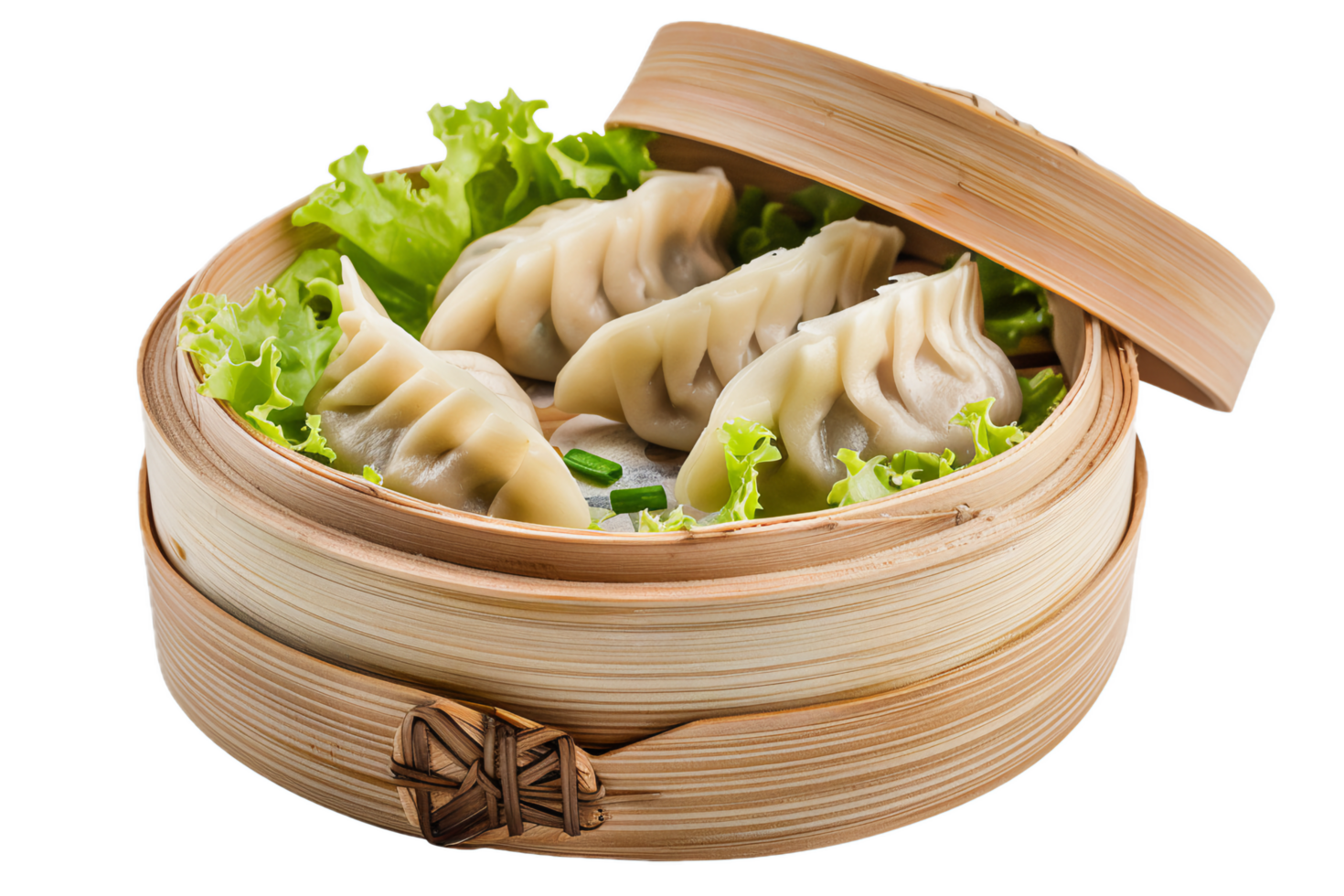 Steamed Dumplings in Bamboo Steamer Basket. png