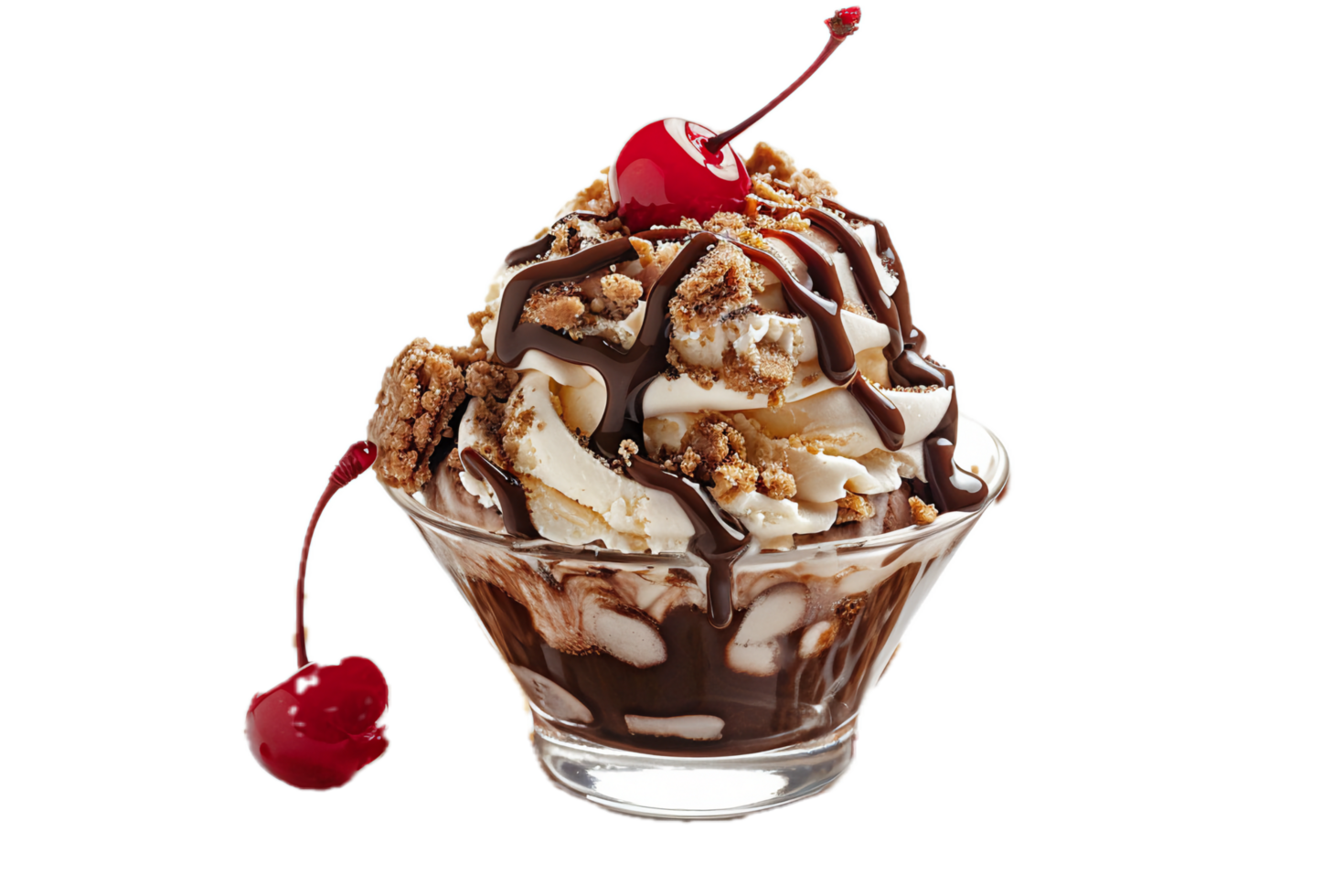 Creamy sundae with chocolate syrup, granola, and cherry. png