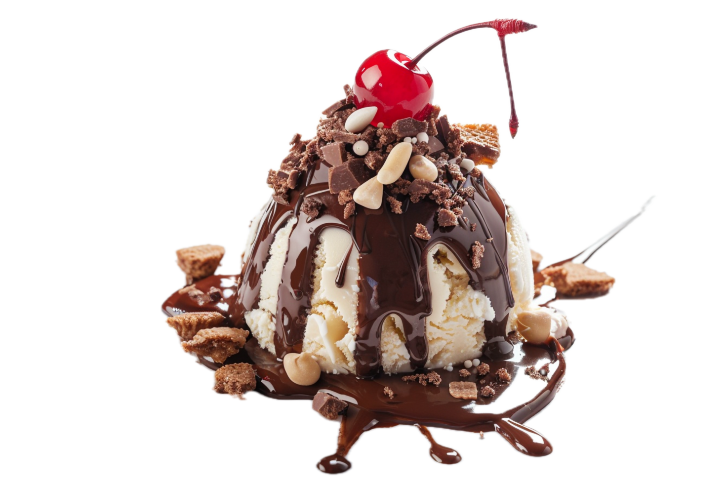Vanilla ice cream with chocolate sauce and crunchy topping. png