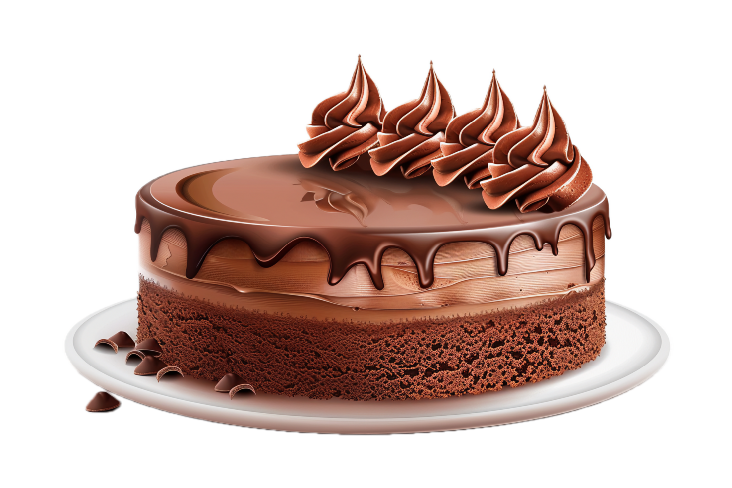 Rich chocolate cake decorated with frosting rosettes. png