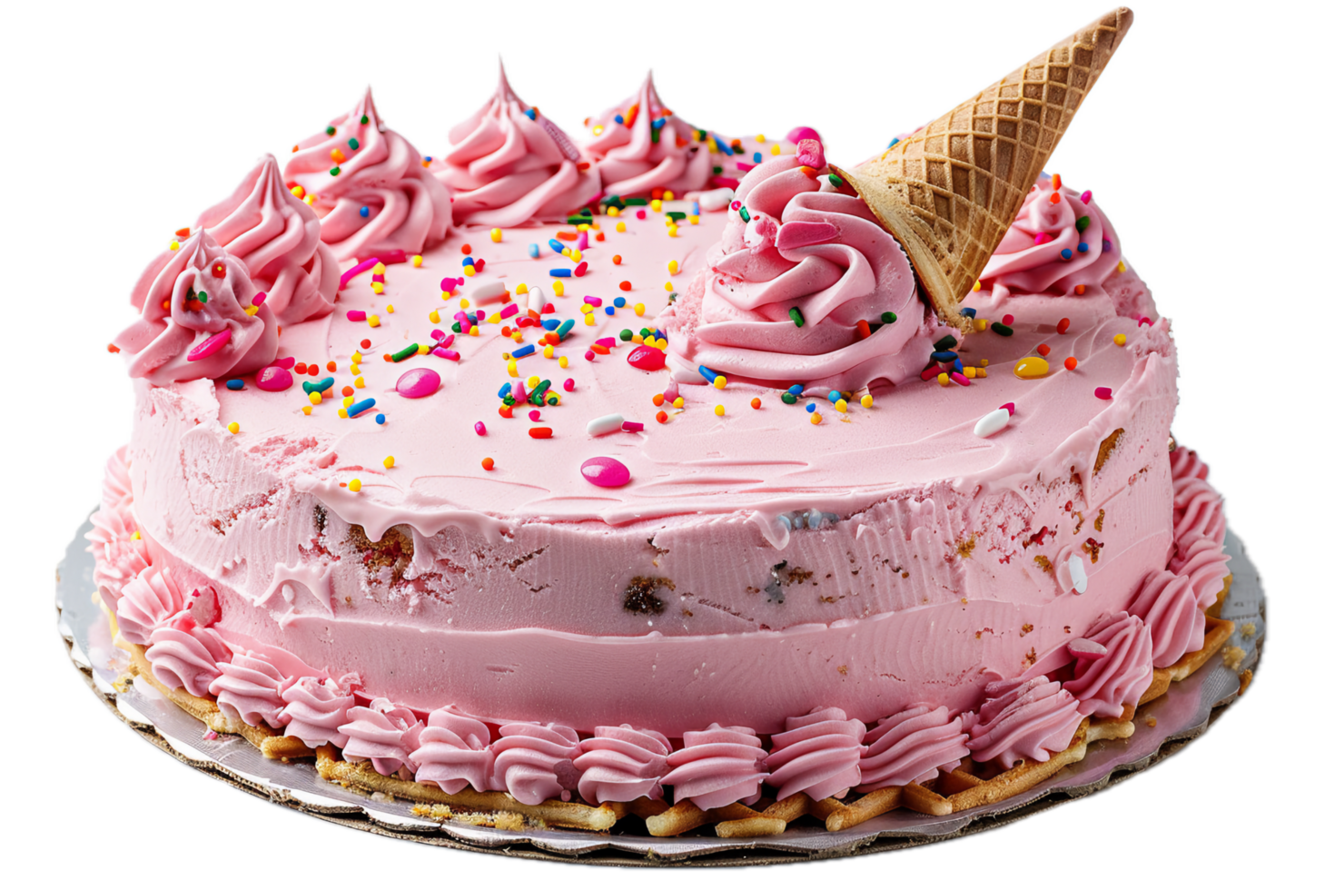 Fun birthday cake with pink frosting and cone decoration. png