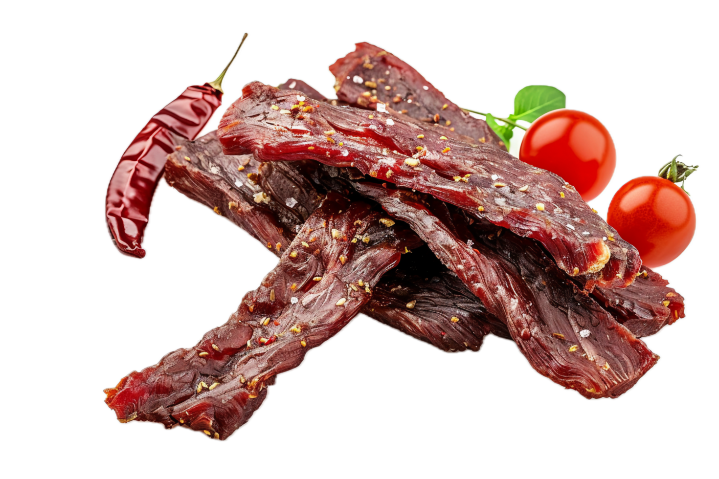 Spicy beef jerky with chili and tomatoes. png