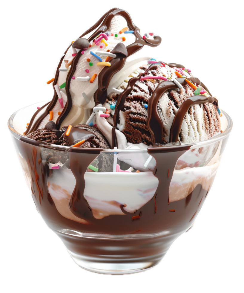 Creamy vanilla ice cream topped with chocolate drizzle and sprinkles. png