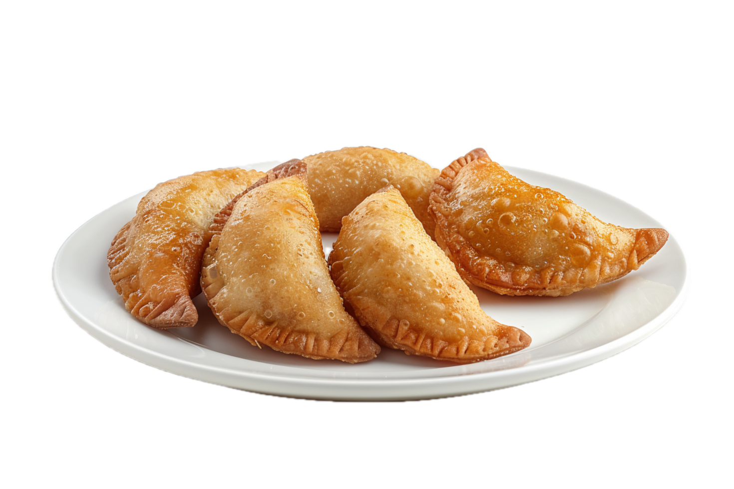 Plate of golden fried dumplings appetizer. png