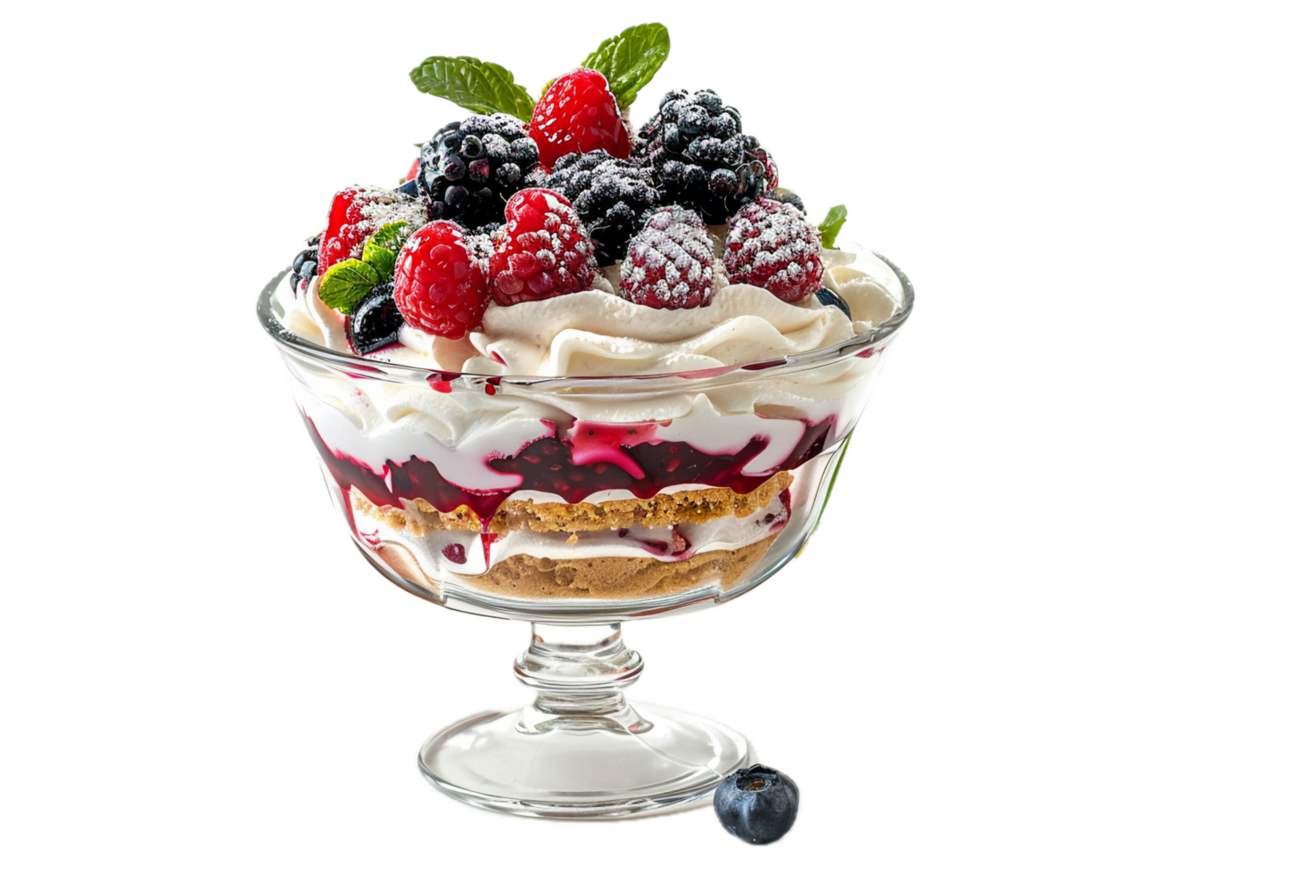 Fruit parfait with whipped cream and mint garnish. png