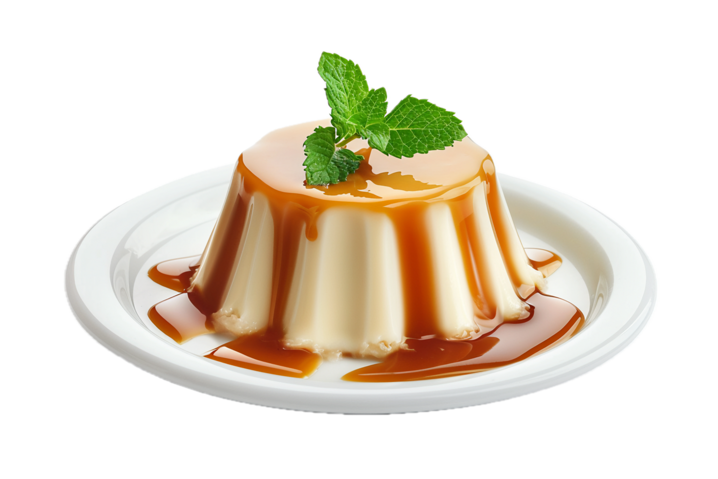 Smooth caramel custard topped with fresh mint. png