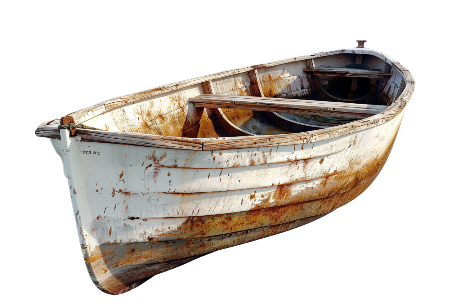 Old weathered wooden rowboat with rust stains. png