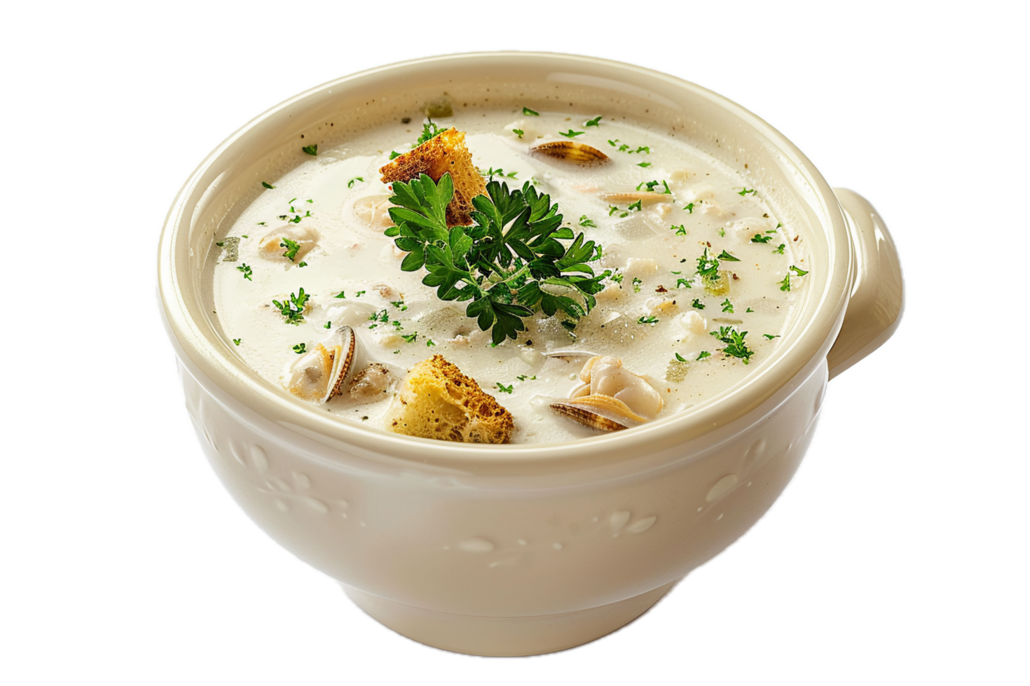 Delicious cauliflower chowder with herbs and croutons. png