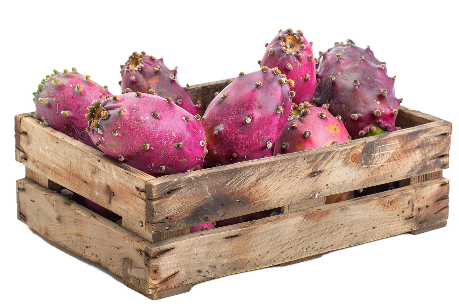Fresh prickly pears in wooden crate. png