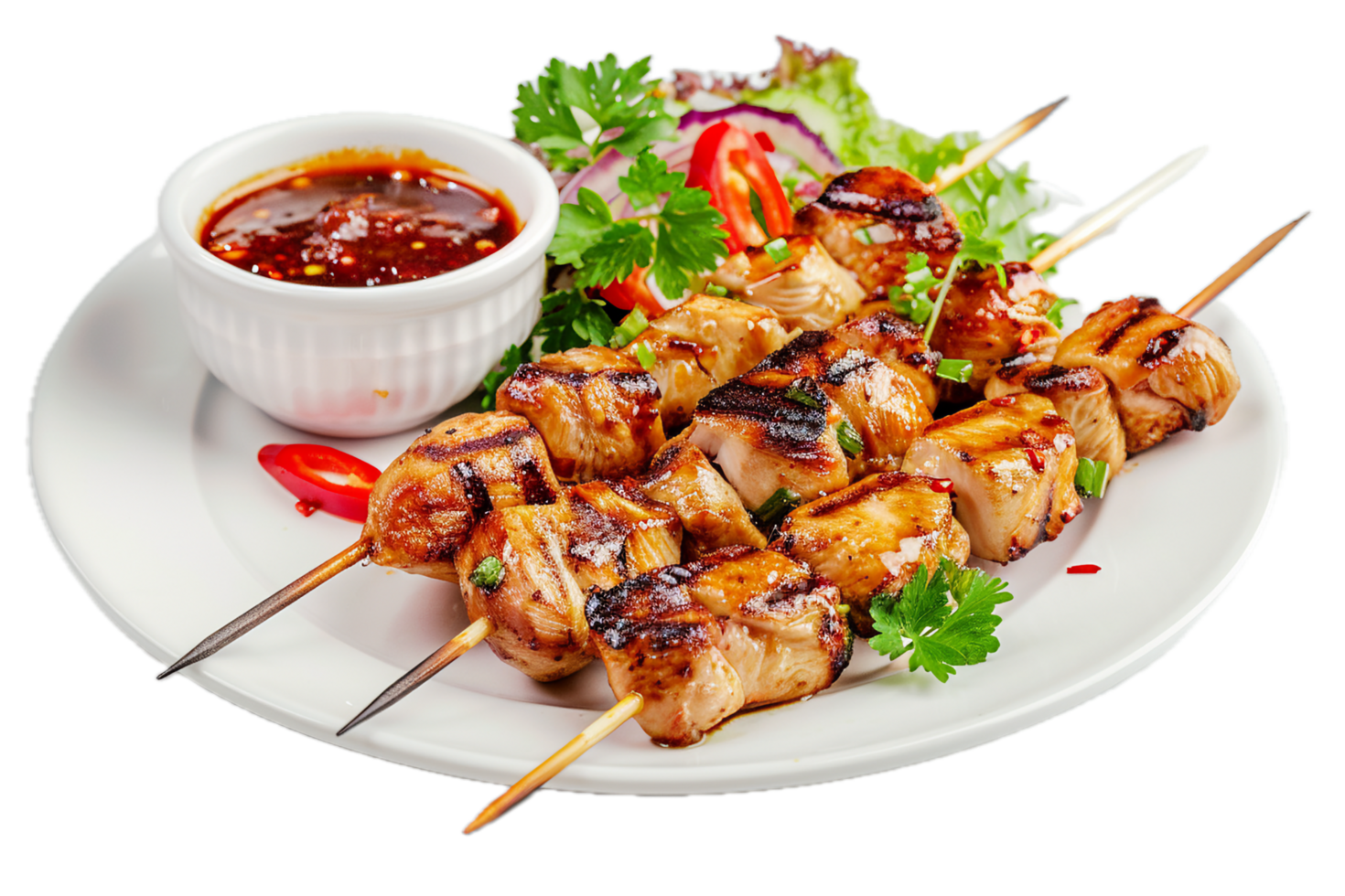 Grilled chicken kebabs on skewers with garnish. png