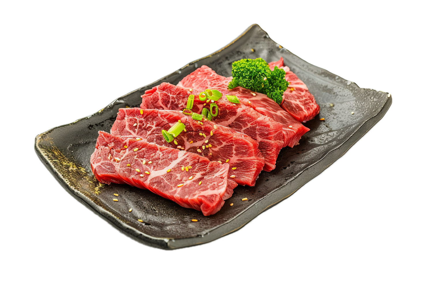 Fresh Sliced Beef with Garnish on Plate. png