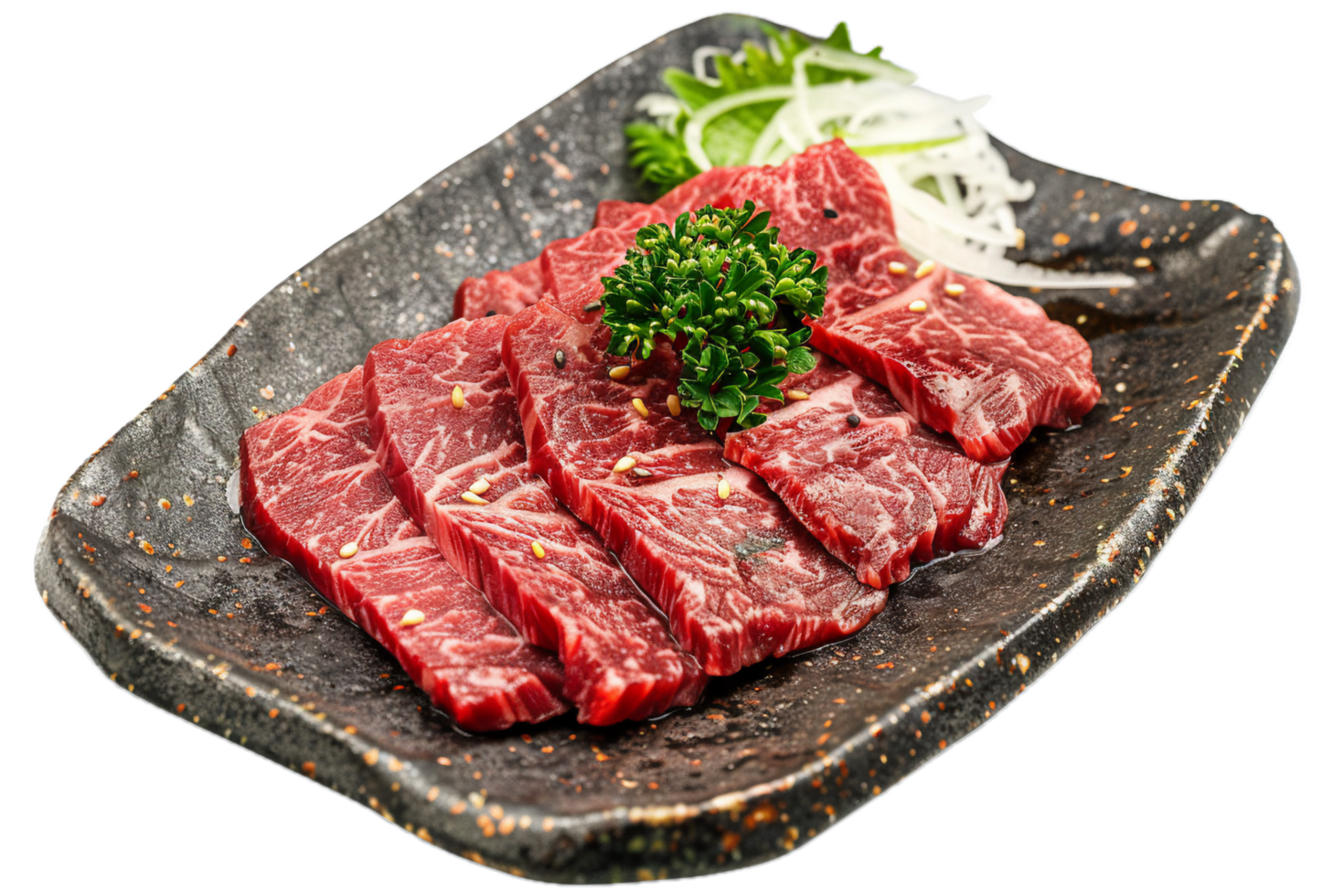 Raw Wagyu Beef on Ceramic Dish with Greens. png