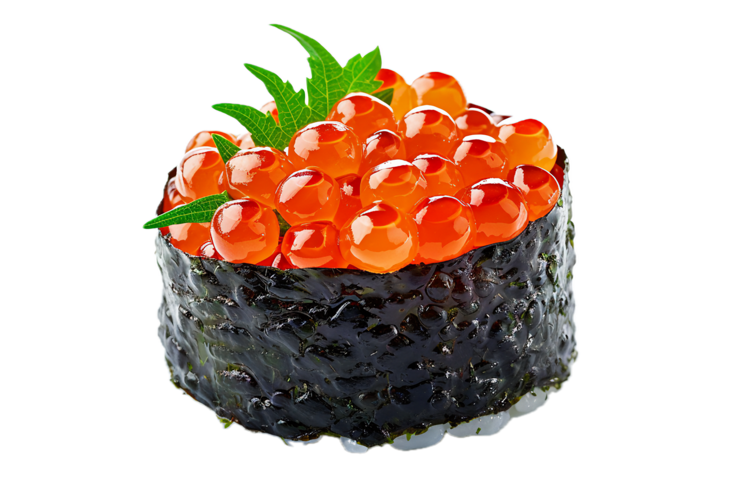 Close-up of Sushi with Ikura and Seaweed Wrap. png