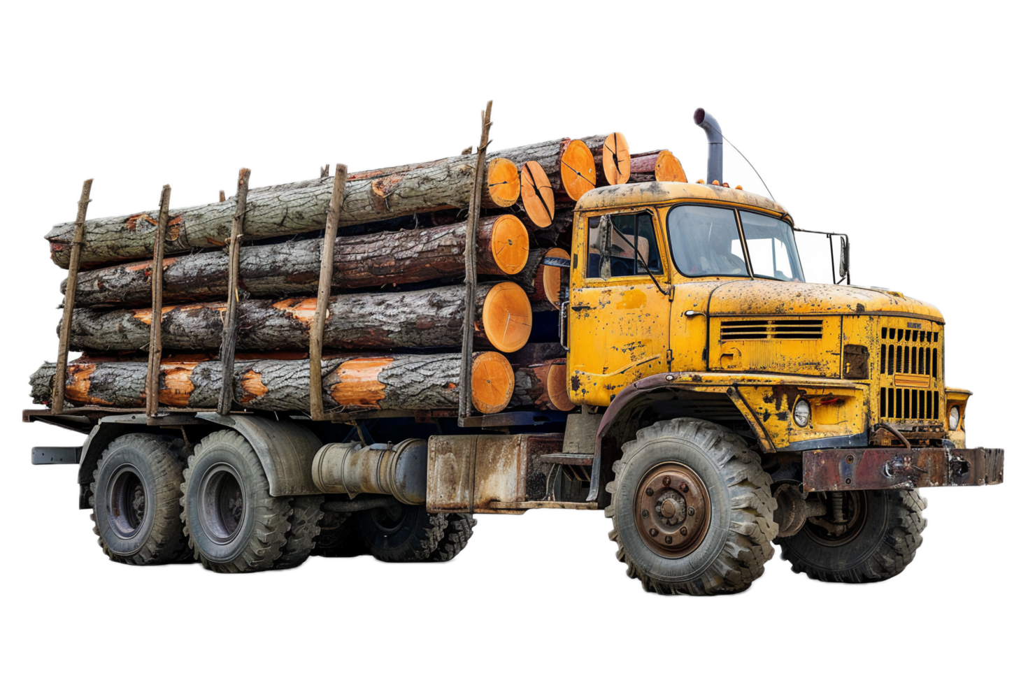 Red logging truck loaded with cut logs. png