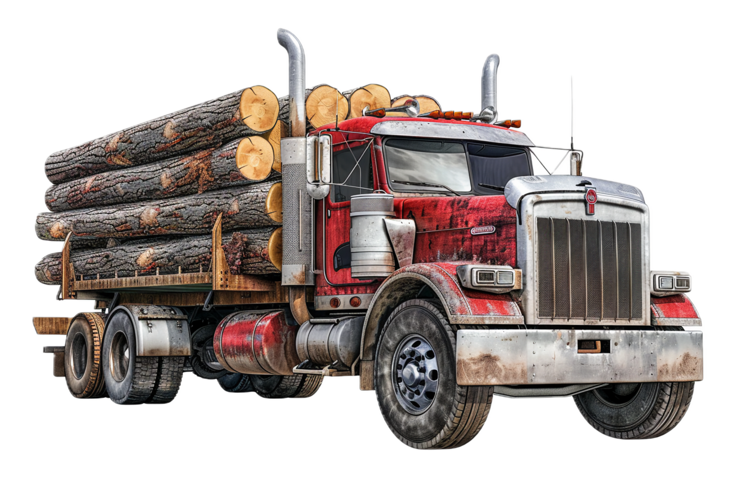 Heavy-duty logging truck transporting large timber. png