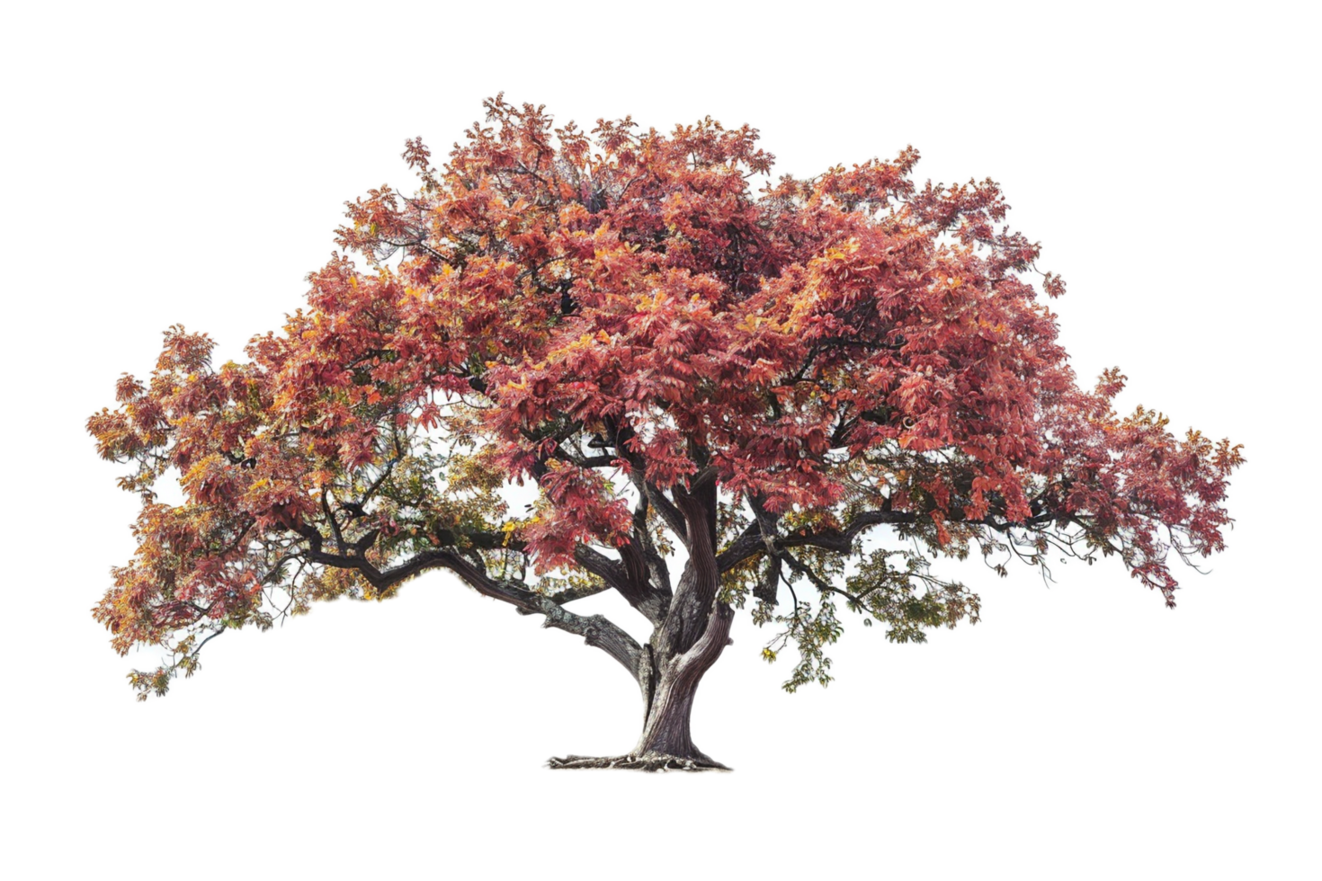 Expansive oak tree with red and orange leaves. png