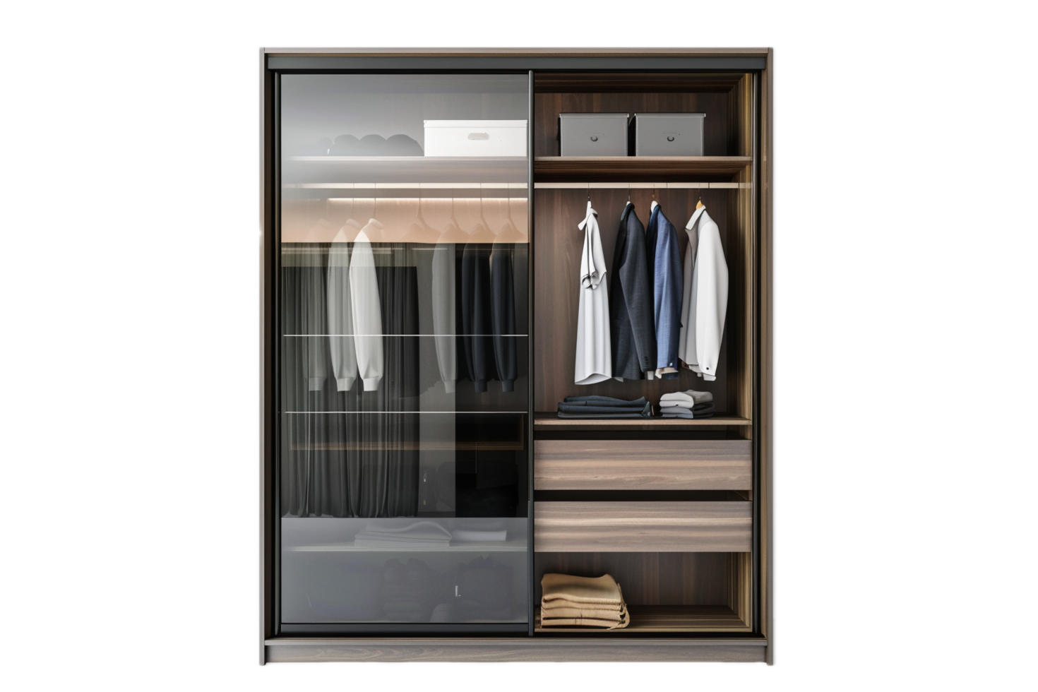 Wooden closet with folded clothes and handbags. png