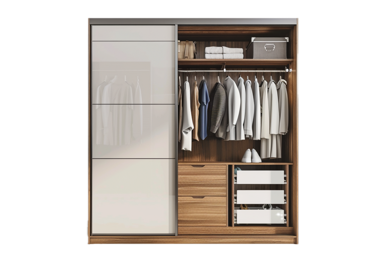Modern wardrobe with hanging clothes and storage boxes. png
