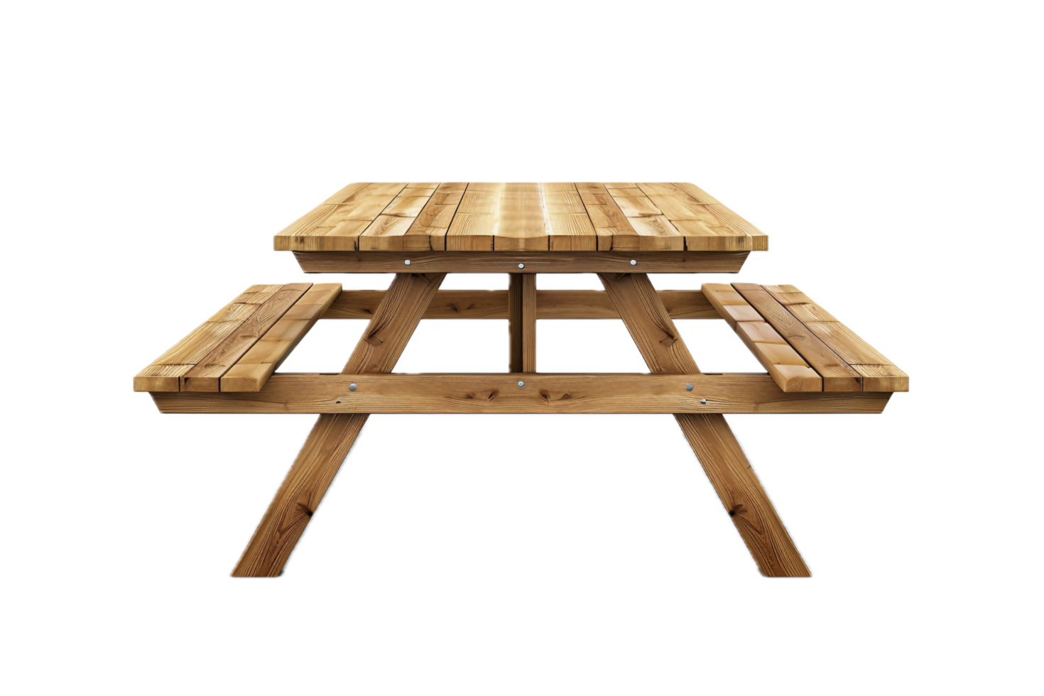 Wooden picnic table with attached benches. png