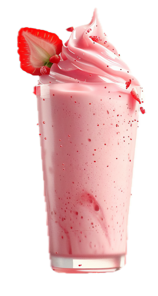 Refreshing strawberry milkshake with fresh fruit garnish. png